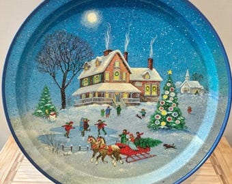 Vintage 1988 Potpourri Press Snow Country Christmas Metal Tray 13.5” WIM