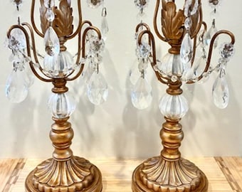 Vintage Pair Opulent Treasures Chandelier Rosette Candle Holders w Crystals