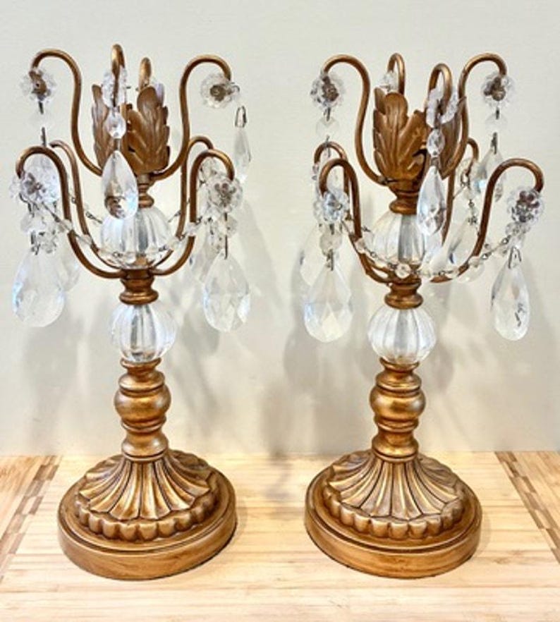 Vintage Pair Opulent Treasures Chandelier Rosette Candle Holders w Crystals image 1