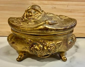 Antique Ornate Art Nouveau Floral Rose Jewelry Casket Trinket Box Gold Tone