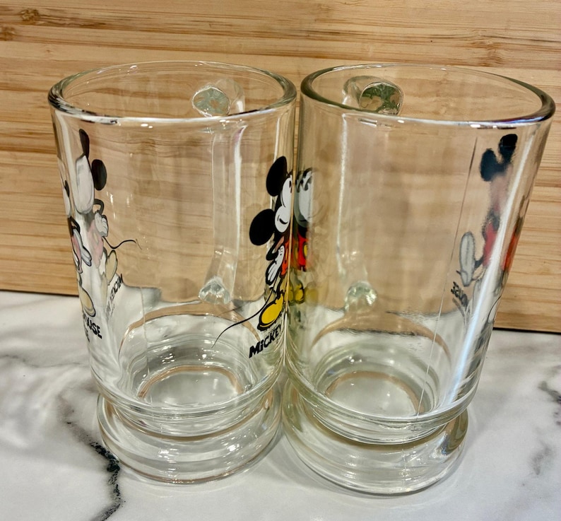 Vintage Set of 2 Mickey Mouse Handled Clear Glass Mug Stein Walt Disney image 5