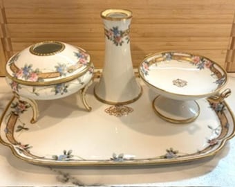Antique Morimura Brothers Nippon 22KT Moriage Vanity Tray Set w Hair Receiver