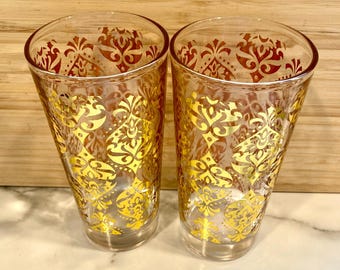 Vintage Set of 2 Gold Moroccan Pattern Tumblers Drinking Glasses Barware - 6.25"
