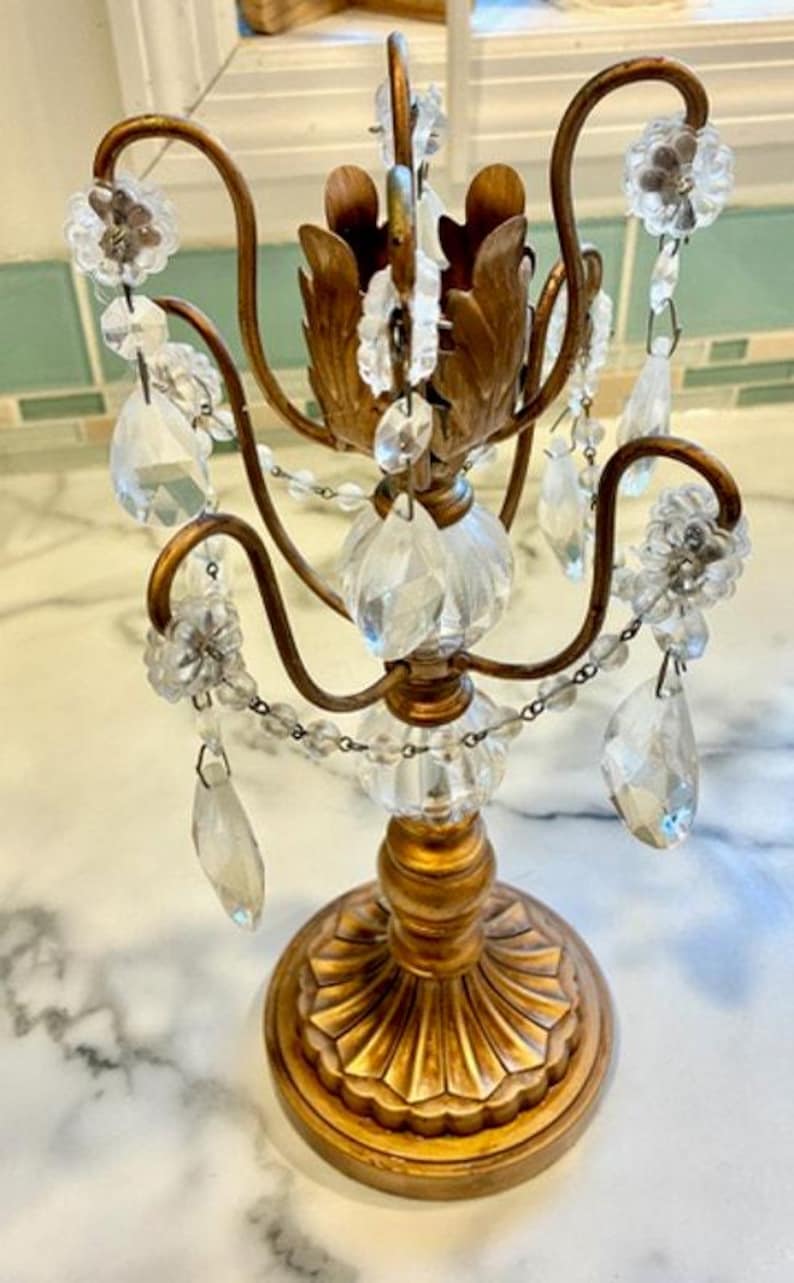 Vintage Pair Opulent Treasures Chandelier Rosette Candle Holders w Crystals image 9
