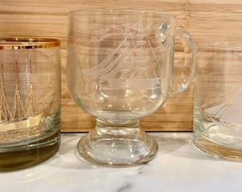 Juego de 3 vasos vintage náuticos grabados de los años 60, juego de regalo para bebidas y bar