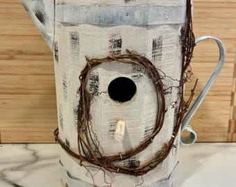 Vintage 1990s Wood And Metal Rustic Pitcher Decorative Birdhouse w Twigs - 9"