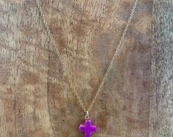 Handmade Fuchsia Purple Howlite Cross Pendant Necklace Gold Tone 17”