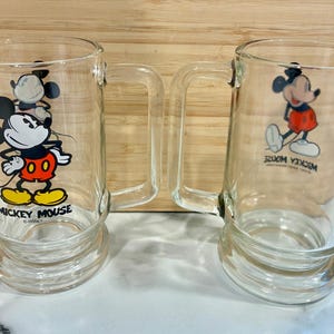 Vintage Set of 2 Mickey Mouse Handled Clear Glass Mug Stein Walt Disney image 2