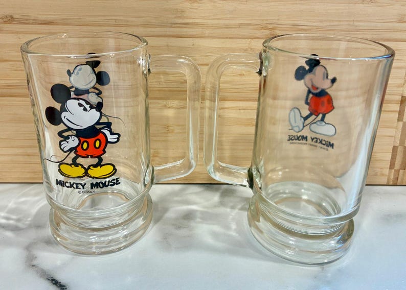 Vintage Set of 2 Mickey Mouse Handled Clear Glass Mug Stein Walt Disney image 2