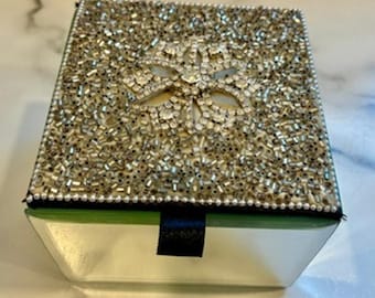 Vintage Square Mirrored Trinket Jewelry Box With Beaded Gemstone Lid Velvet