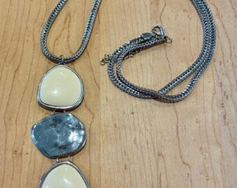 Vintage Chicos Statement Pendant Necklace Cream Cabochon Silver Tone 35”