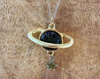 Handmade Saturn Planet Necklace Black Faux Druzy Star Gold Tone 19”