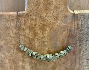 Vintage Raw Pyrite Crescent Necklace Wire Wrapped Copper Tone 20”