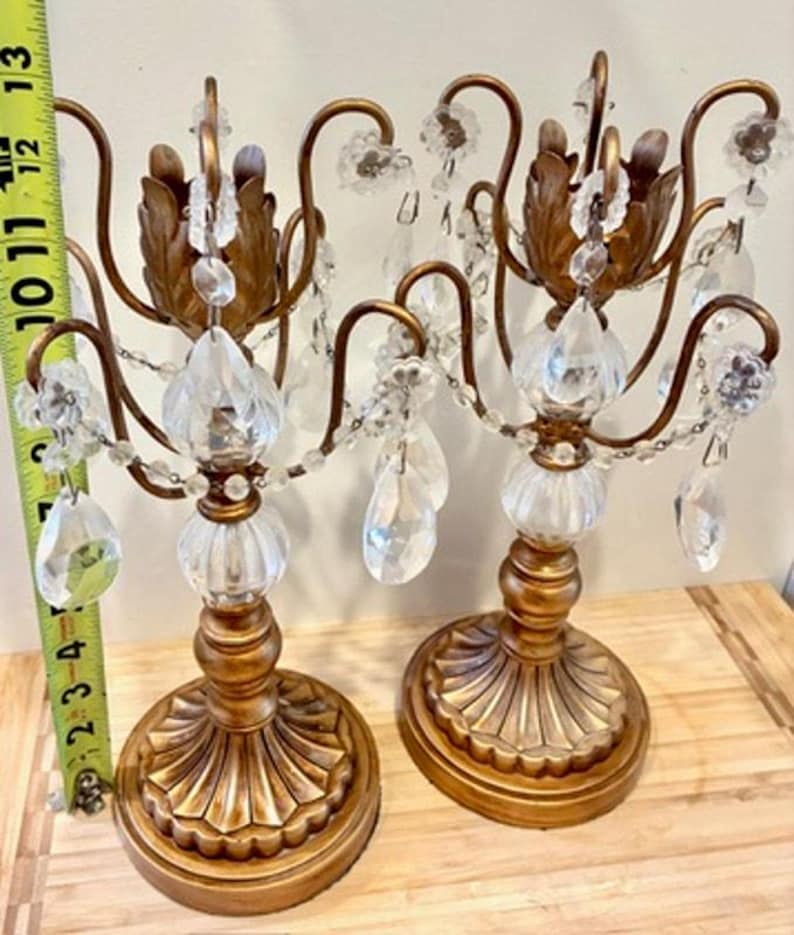 Vintage Pair Opulent Treasures Chandelier Rosette Candle Holders w Crystals image 10