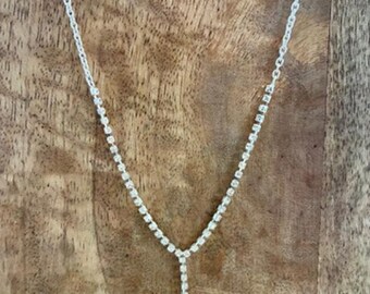 Vintage Clear Rhinestone Y Drop Necklace Silver Tone Prom Bridal Evening 20”