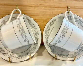 MCM Imperial China 334 Windsor - W Dalton - Grey Floral- Cups Saucers 4 Pieces