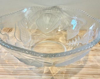1970s Aderia Japan Frosted Glass Seashell Nautical Serving Bowl w Rope Rim