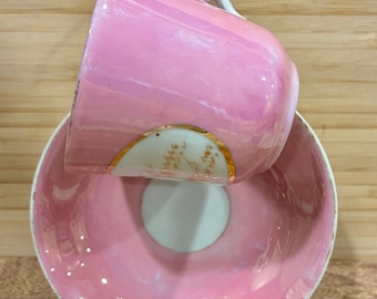 Antique 1900s Germany Porcelain Lusterware Demitasse Cup & Saucer Pink w/ Gold