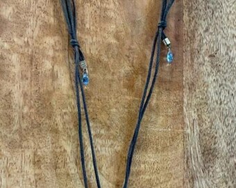 Vintage Light Blue Crystal Glass Pendant Necklace Wire Wrapped Black Cord