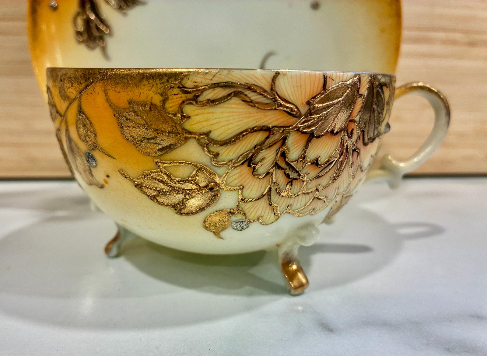 Antique 1900s Footed Japanese Moriage Orange Lusterware Satsuma