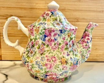 Vintage 1970s Laura Floral Chintz Staffordshire England Porcelain Tea Pot