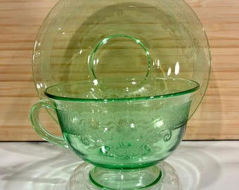 Antique Uranium Fostoria Glass Co Vesper Green Pattern Footed Tea Cup & Saucer
