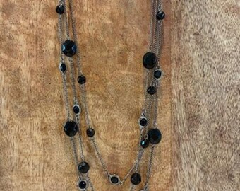 Vintage Monet Black Glass Bead Three Strand Station Necklace Gunmetal Tone
