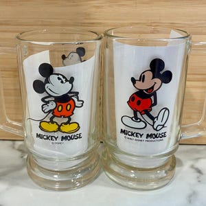 Vintage Set of 2 Mickey Mouse Handled Clear Glass Mug Stein Walt Disney image 1