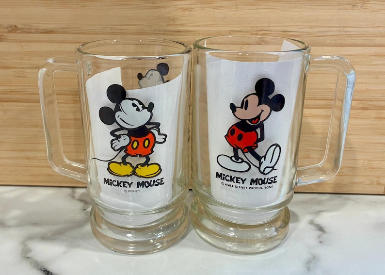 Vintage Set of 2 Mickey Mouse Handled Clear Glass Mug Stein Walt Disney image 1
