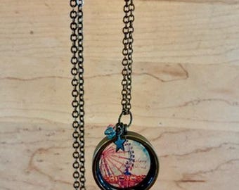 Handmade Carnival Ferris Wheel Carousel Cabochon Necklace Brass Tone 32”