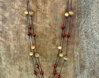 Vintage Red Jasper Honey Cats Eye Glass 3 Strand Boho Necklace Brown Cord 20”
