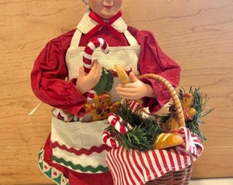 Vintage Kirkland Signature 10” Mrs Claus Fabric Mache Christmas Figure Basket