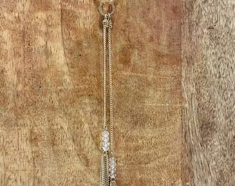 Vintage Gold Tone Y Drop Necklace Chain Tassel Fringe Clear Beads 30”