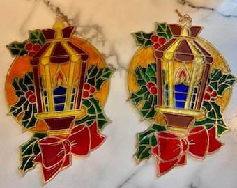 Vintage Giftco Christmas Suncatchers Set of 2 Lantern Holly Faux Stained Glass