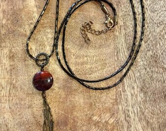 Handmade Brecciated Red Jasper Pendant Necklace Brass Fringe Boho 35”
