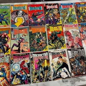 May include: A selection of vintage Dreadstar comic books. The covers display colourful illustrations of characters in action, with striking colours and dynamic compositions. The comic books are arranged on a flat surface, showcasing the variety of artwork and titles.