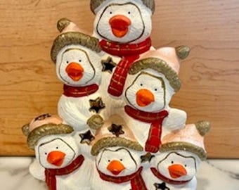 1999 Gift Link Ceramic Penguin Family Tea Light Holder Christmas Glitter 9”