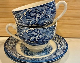 Juego de tazas y platillos Liberty Blue de Wedgwood, década de 1970, diseño de la iglesia Old North de Paul Revere.