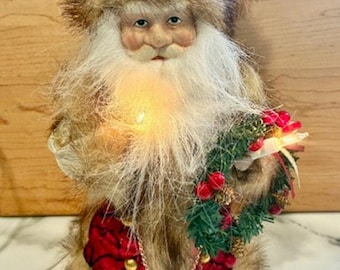 Kurt Adler 10” Lighted Brown Burgundy Santa Christmas Tree Topper Wreath