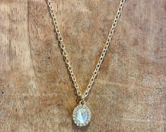 Handmade Oval Crystal Halo Choker Necklace Gold Tone Rhinestones 16”