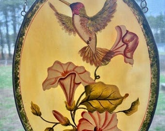 Atrapasueños ovalado de cristal pintado a mano, estilo vintage de los años 90, con diseño de colibríes y flores.