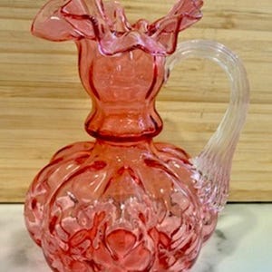 MCM Fenton Art Glass Ruffle Cranberry Melon Pumpkin Mini Pitcher Manganese 6"
