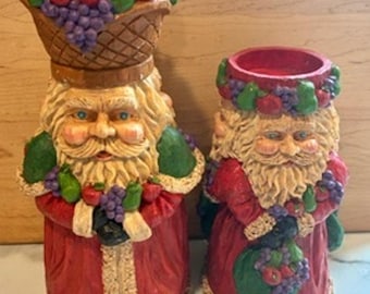 Vintage 3-Faced Santa Candle Holders 12” 9” Fruit Christmas Resin Pair