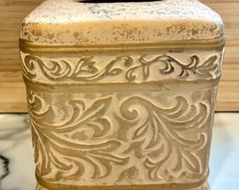 Vintage French Provincial Normandy Clay Tissue Box Cover Scrolling Leaf Gold 6x6