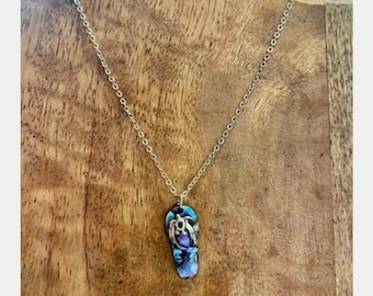 Handmade Abalone Flip Flop Sea Turtle Necklace Silver Tone 15”