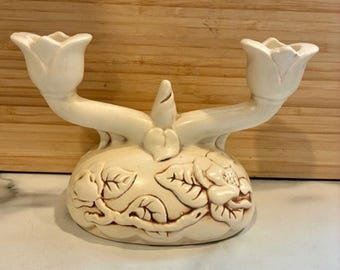 Vintage MCM 1940s Red Wing USA Pottery Double Candle Holder Floral - 1029