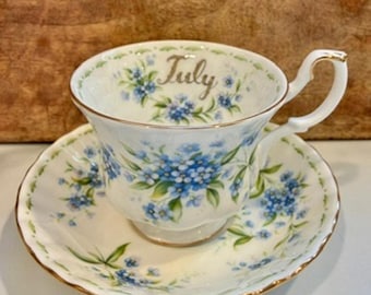 Vintage 1970 Royal Albert Flower Of The Month July Forget Me Not Cup Saucer Set