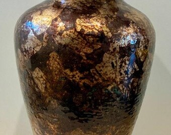 1990s Italian Hand Decorated Art Glass Vase - Metallic Gold Copper Foil 12"