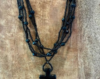 Vintage Gothic Black Beaded Cross Choker Necklace Multi Strand 15”