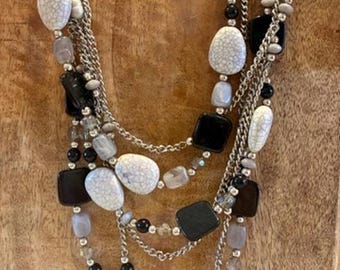 Vintage Multi Strand Statement Necklace Black White Gray Faux Stone 18”